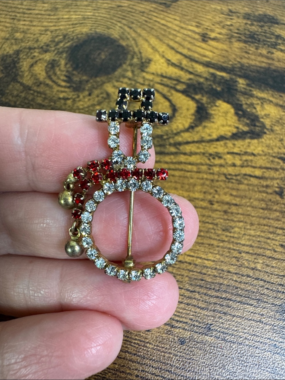 Vintage Snowman Gold Brooch with Clear, Red & Black Crystals